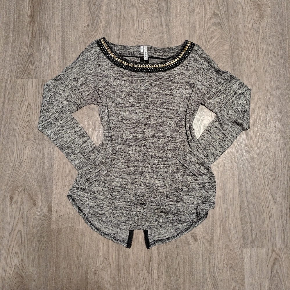 Maurices Beaded Neck Grey Sweater Zip Back Top